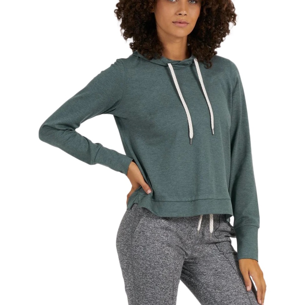 Vuori Halo Hoodie | Women's Essential Heathered Green Drawstring Comfy Stretch - Picture 7 of 8